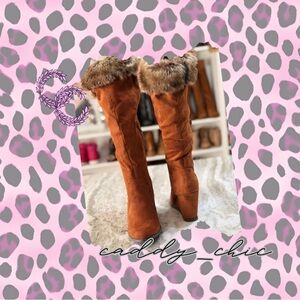 Qupid Faux Suede Wedge Boots Brown Fur Trim Size 9 NWOT – 16.5” Shaft 3.5” Heel